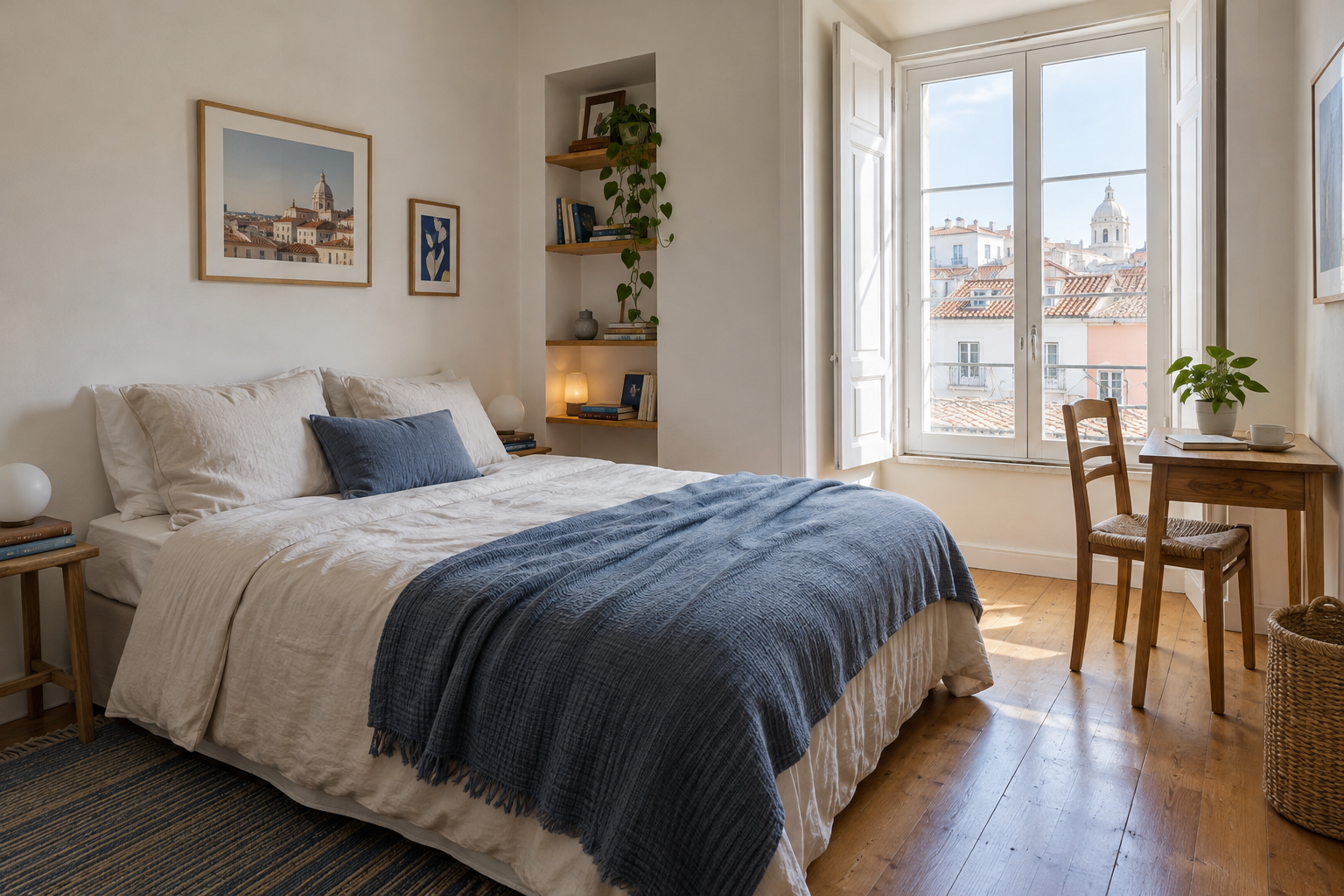 Sunlit studio interior with an ivory bed, oak furniture and a tall window.